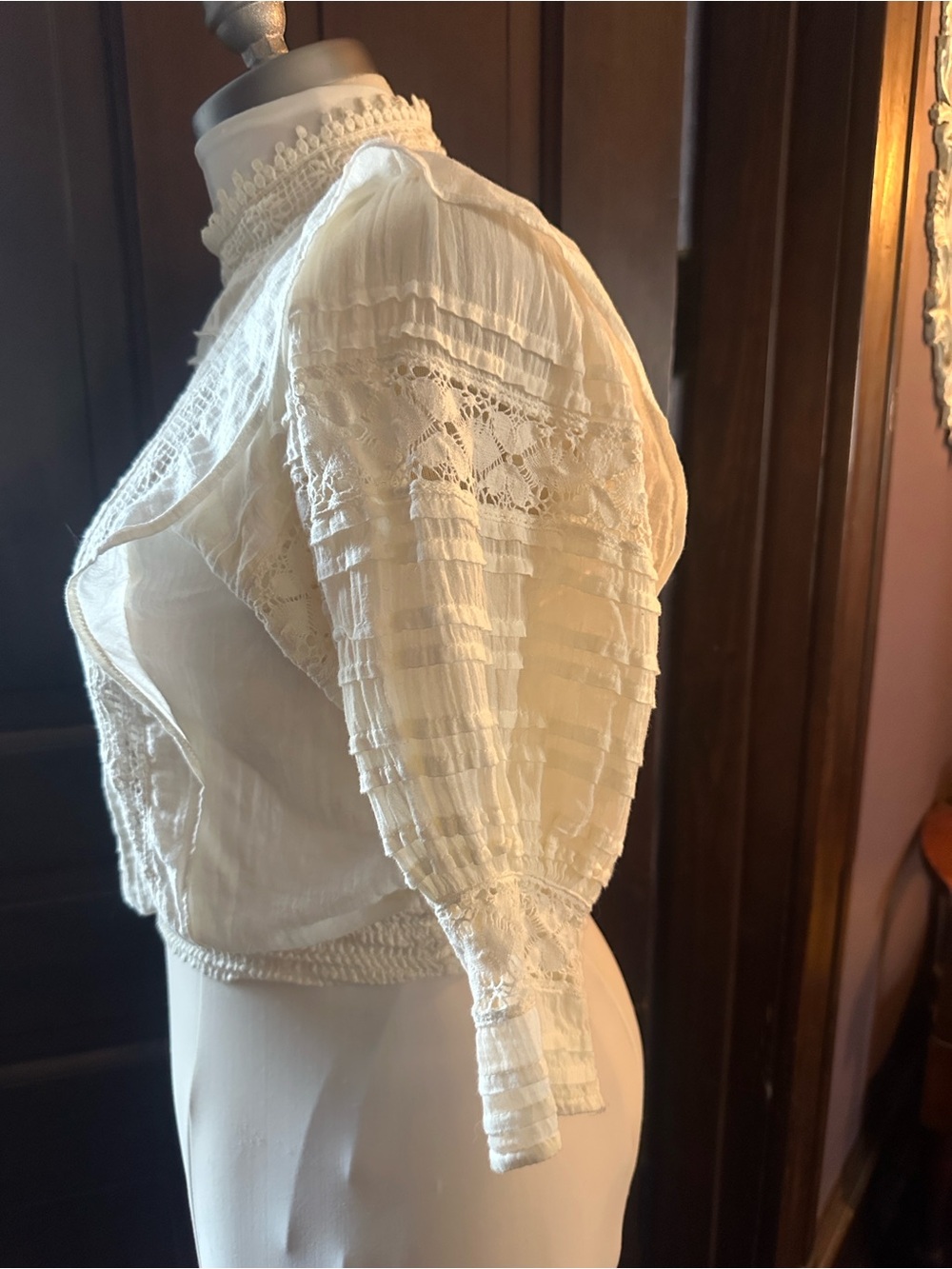 Free People Cream Lace-Inset Victorian High-Neck Blouse - Picture 3 of 7